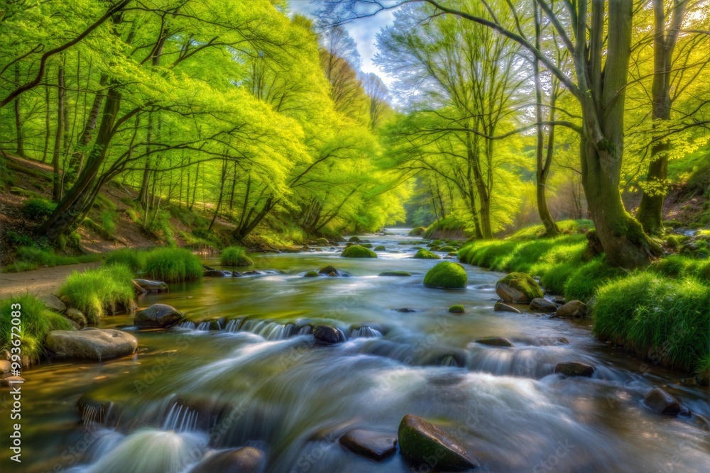 Serene river flowing through lush green forest with sunlight Serene river flowing through lush green forest with sunlight