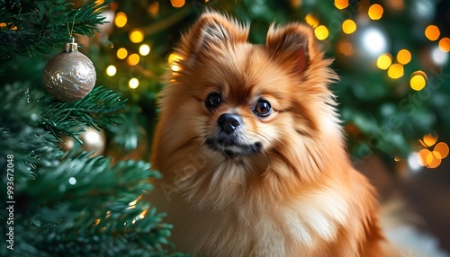 A small, fluffy Pomeranian sits beside a beautifully decorated Christmas tree. 