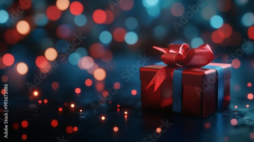 Gift Box with Ribbon and Bokeh Lights on Dark Background. AI generated illustration