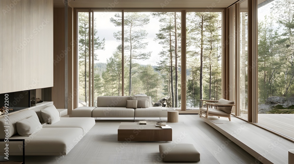 Fototapeta premium Minimalist living room with large windows overlooking a forest.