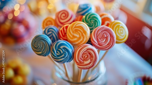 A beautiful arrangement of lollipops in a glass vase as a centerpiece at a dessert table, highlighting their decorative appeal at a celebration.