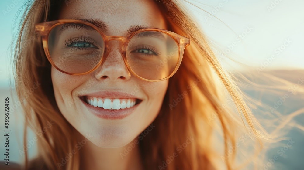 A cheerful woman with large glasses smiles broadly, basking in warm sunlight, highlighting her glowing freckles and wind-tousled hair in a vibrant outdoor setting. A cheerful woman with large glasses smiles broadly, basking in warm sunlight, highlighting her glowing freckles and wind-tousled hair in a vibrant outdoor setting.