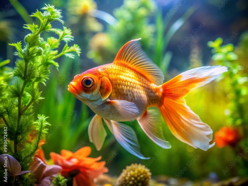 Fototapeta premium Vibrant Goldfish Swimming Gracefully in a Transparent Aquarium with Crystal Clear Water and Plants