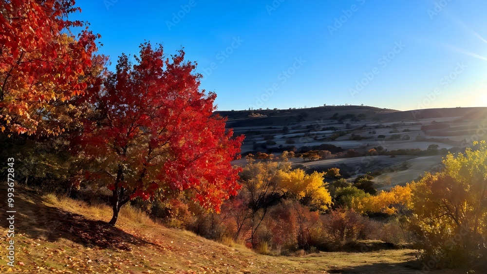 Fototapeta premium Vibrant autumn landscape with colorful trees under blue sky, nature photography, seasonal beauty