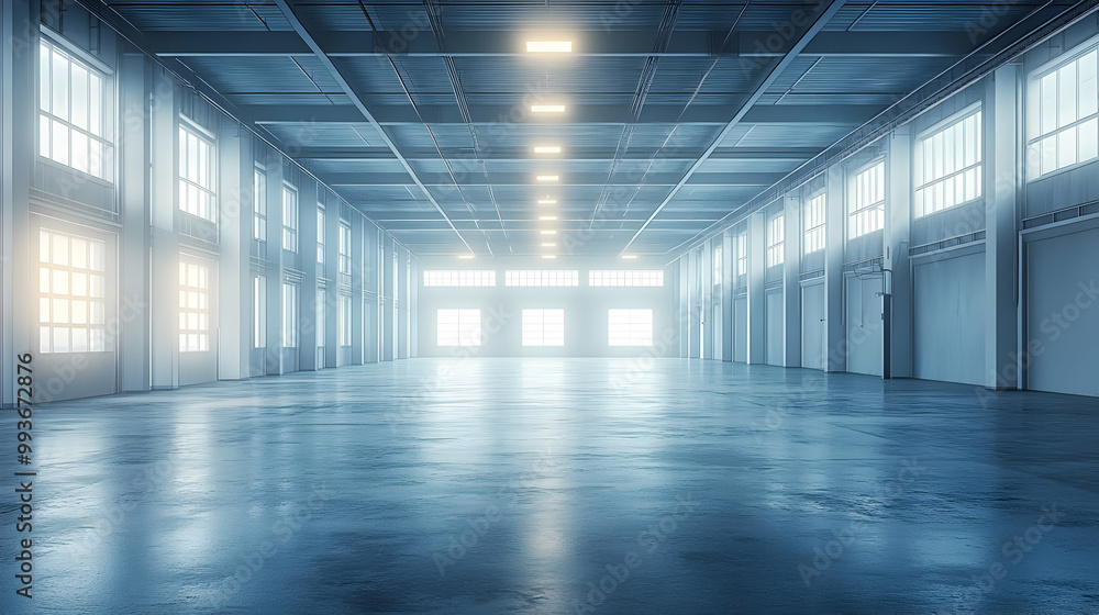 Empty Industrial Warehouse Interior with Windows - 3D Render Empty Industrial Warehouse Interior with Windows - 3D Render