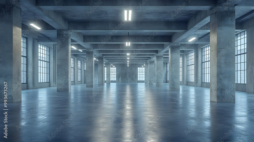 Empty Industrial Interior 3D Render - Concrete Columns and Windows Empty Industrial Interior 3D Render - Concrete Columns and Windows
