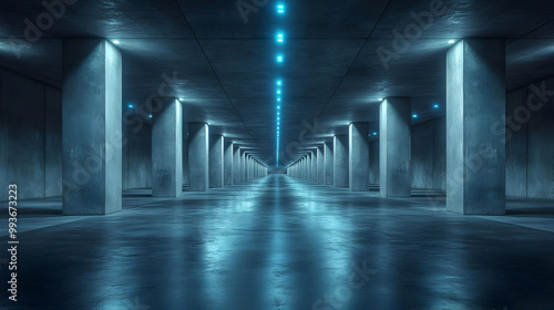 Blue Neon Lights Illuminate Concrete Columns 3D Illustration