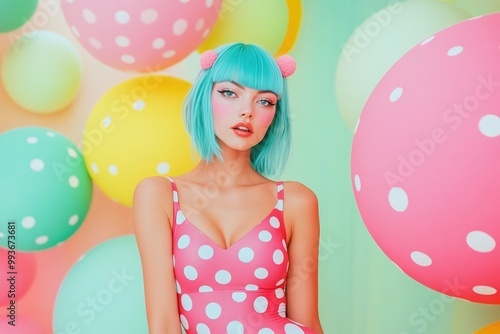 A beautiful woman with blue hair and a pink polka-dotted body, standing in front of colorful spheres on a pastel background. photo