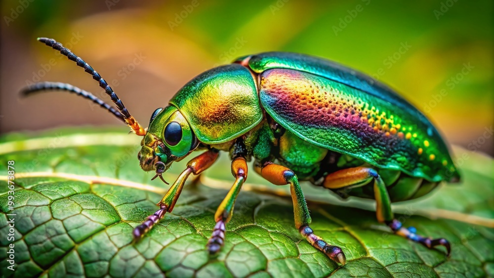 Naklejka premium Vibrant Green Beetle with Colorful Patterns on Leaf in Nature Close-Up Photography