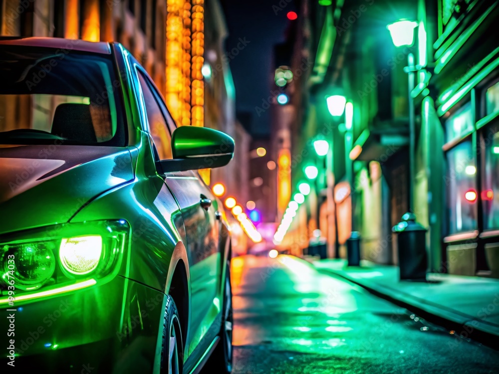 Vibrant Green Car Light Illuminating the Darkness of the Night in a Modern Urban Environment Vibrant Green Car Light Illuminating the Darkness of the Night in a Modern Urban Environment