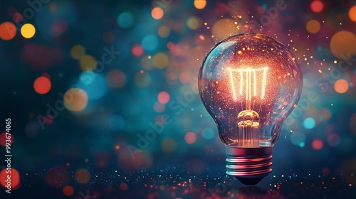 Light Bulb with Colorful Sparks and Digital Data on Abstract Background. AI generated illustration