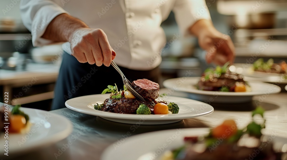 Chef Preparing Fine Dining Dish in Restaurant Kitchen. AI generated illustration Chef Preparing Fine Dining Dish in Restaurant Kitchen. AI generated illustration