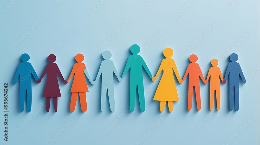 A chain of colorful paper cutouts human holding hands on a blue background A chain of colorful paper cutouts human holding hands on a blue background
