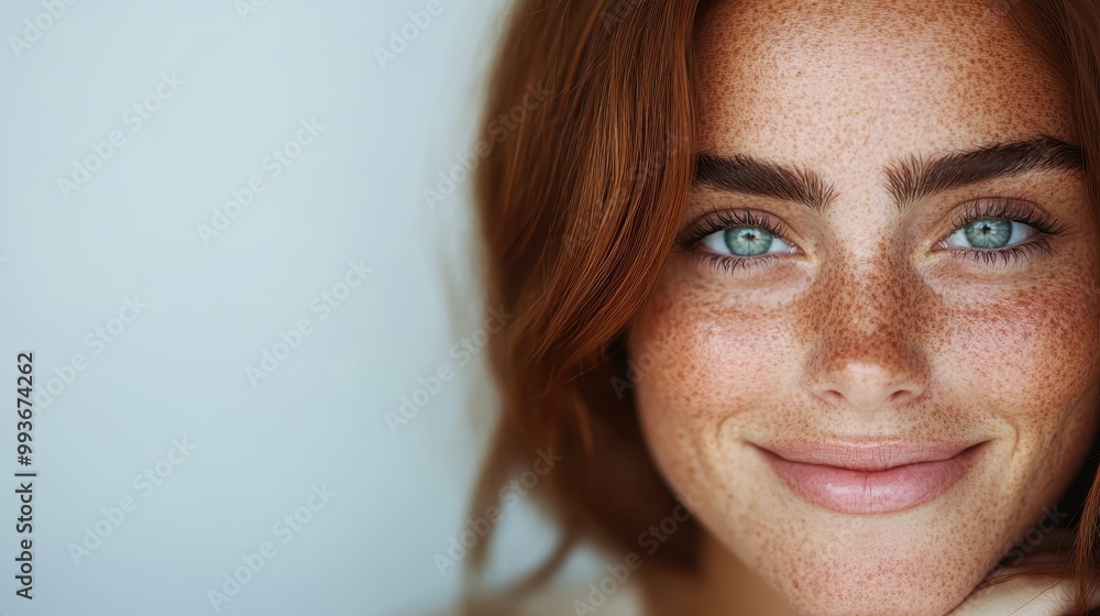 A woman's striking freckles and calm, deep gaze are intently captured, reflecting depth and quiet contemplation. Her serene expression conveys inner peace. A woman's striking freckles and calm, deep gaze are intently captured, reflecting depth and quiet contemplation. Her serene expression conveys inner peace.