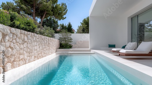 This image showcases a serene, modern poolside surrounded by minimalistic architecture, featuring sun loungers set amid lush greenery and pristine white surfaces.