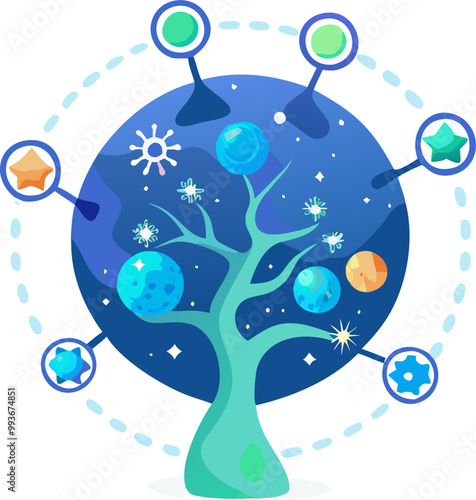 a cosmic tree of life towering majestically against a backdrop of swirling galaxies and stars, its