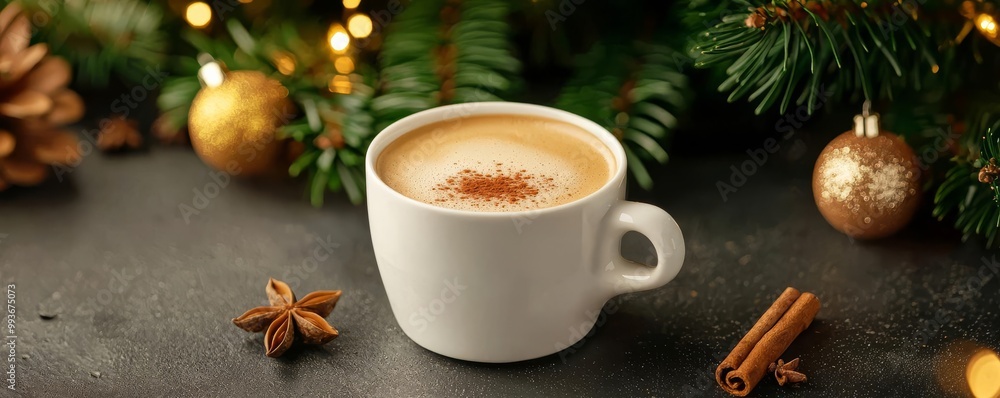 Coffee cup with cinnamon and festive decor on dark table. Coffee cup with cinnamon and festive decor on dark table.