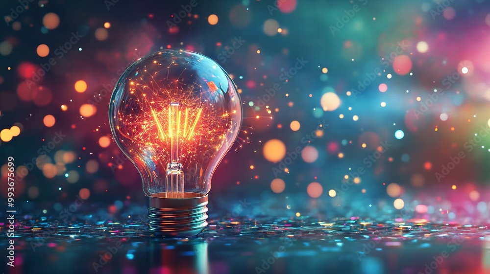 Light Bulb with Colorful Sparks and Digital Data on Abstract Background. AI generated illustration Light Bulb with Colorful Sparks and Digital Data on Abstract Background. AI generated illustration