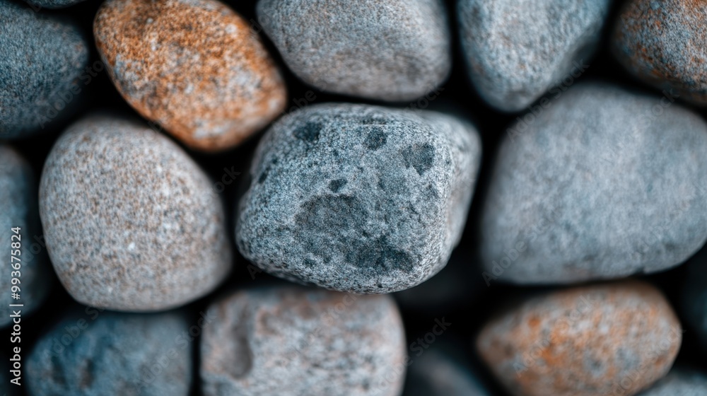 A detailed close-up of smooth pebbles and stones arranged together, showcasing their varied textures and colors, representing nature’s delicate craftsmanship in perfect harmony.