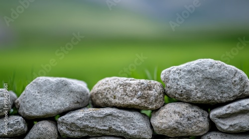 A stone wall set against a backdrop of vibrant green grass and rolling hills, capturing the essence of nature’s beauty and tranquility in a simple, pastoral scene. photo