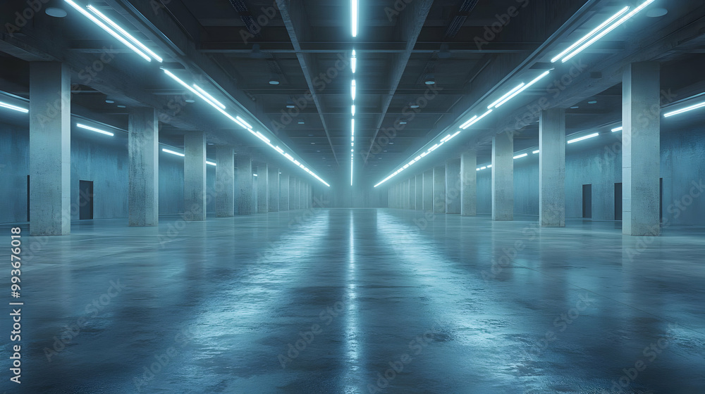 3D Illustration of Concrete Hallway with Fluorescent Lights 3D Illustration of Concrete Hallway with Fluorescent Lights