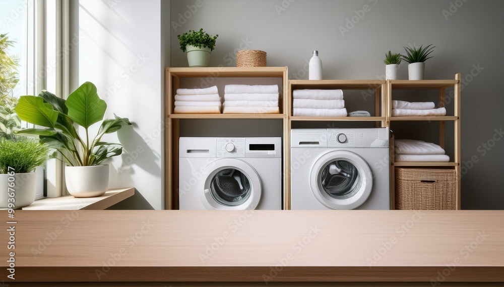 Laundry background countertop for product. Blank tabletop mockup with washing machine. Modern room interior with shelves, towels and plants. washing machine in front of a bathroom Laundry background countertop for product. Blank tabletop mockup with washing machine. Modern room interior with shelves, towels and plants. washing machine in front of a bathroom