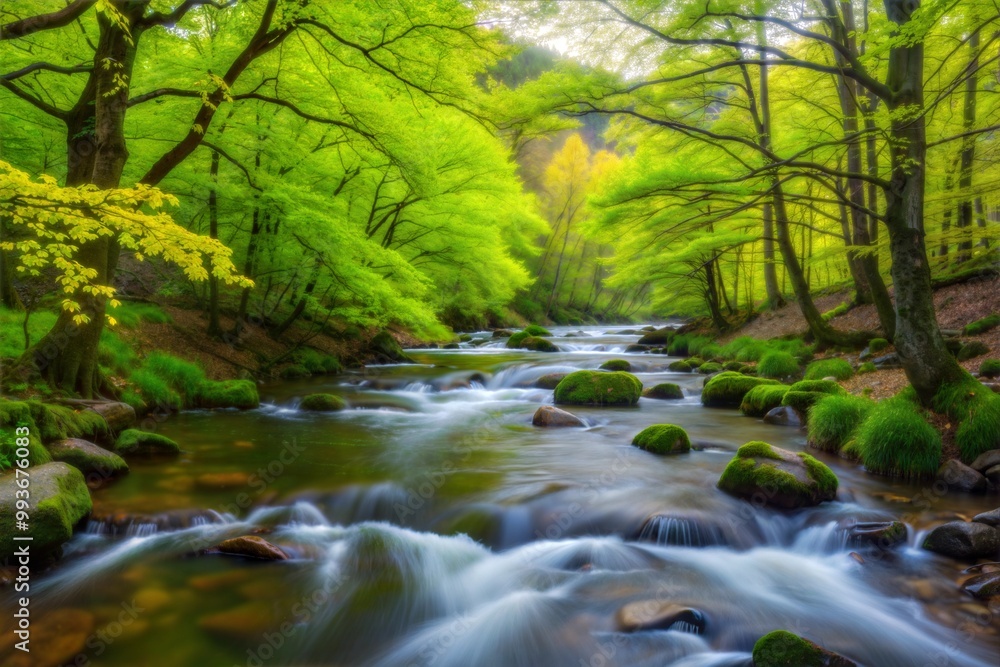 Tranquil forest river flowing through verdant woodland Tranquil forest river flowing through verdant woodland