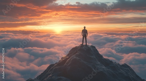 Man Standing on Mountain Top at Sunrise, Feeling Success. AI generated illustration