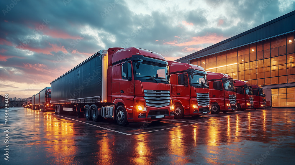 Trucks in the parking lot at sunset. 3d rendering Trucks in the parking lot at sunset. 3d rendering