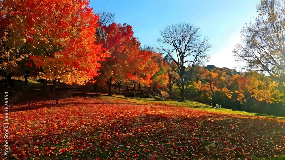 Vibrant autumn landscape with colorful trees under clear blue sky, nature wallpaper background Vibrant autumn landscape with colorful trees under clear blue sky, nature wallpaper background