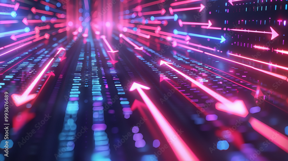 Digital technology binary code arrow growth grid neon trails motion concept Digital technology binary code arrow growth grid neon trails motion concept