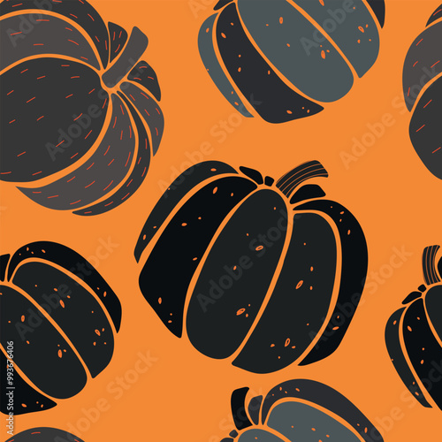 Black pumpkins with dots on orange background, seamless pattern. Fall pattern for halloween