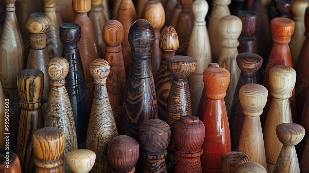 Numerous timber skittle pieces in detail expressing variety and multiplicity Numerous timber skittle pieces in detail expressing variety and multiplicity