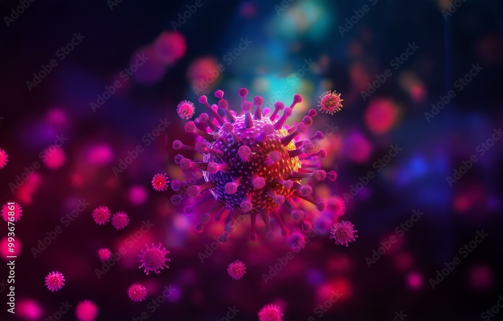 A large, bright, purple virus with spiky protrusions is in the center, surrounded by smaller, blurry, purple viruses. A large, bright, purple virus with spiky protrusions is in the center, surrounded by smaller, blurry, purple viruses.