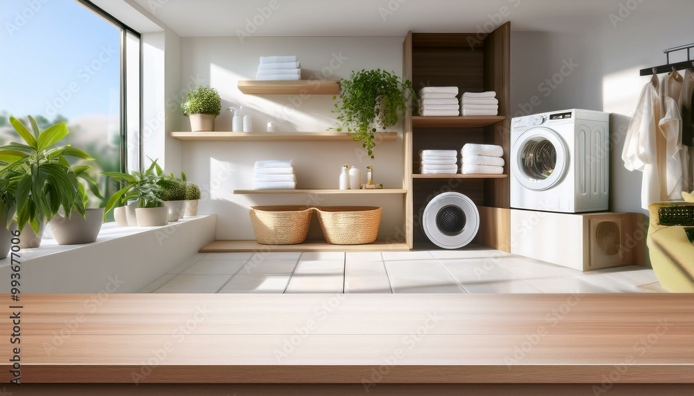 Laundry background countertop for product. Blank tabletop mockup with washing machine. Modern room interior with shelves, towels and plants. washing machine in front of a bathroom Laundry background countertop for product. Blank tabletop mockup with washing machine. Modern room interior with shelves, towels and plants. washing machine in front of a bathroom