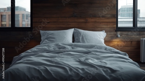 A bedroom designed in a minimalist rustic style, featuring a bed with white linens, large windows offering a view, and wooden elements providing warmth and coziness. photo