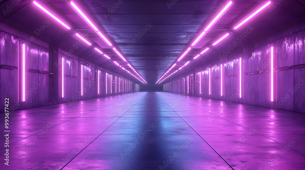 Neon Lights Reflecting on a Glowing Purple Floor in a Futuristic Corridor - 3D Illustration Neon Lights Reflecting on a Glowing Purple Floor in a Futuristic Corridor - 3D Illustration
