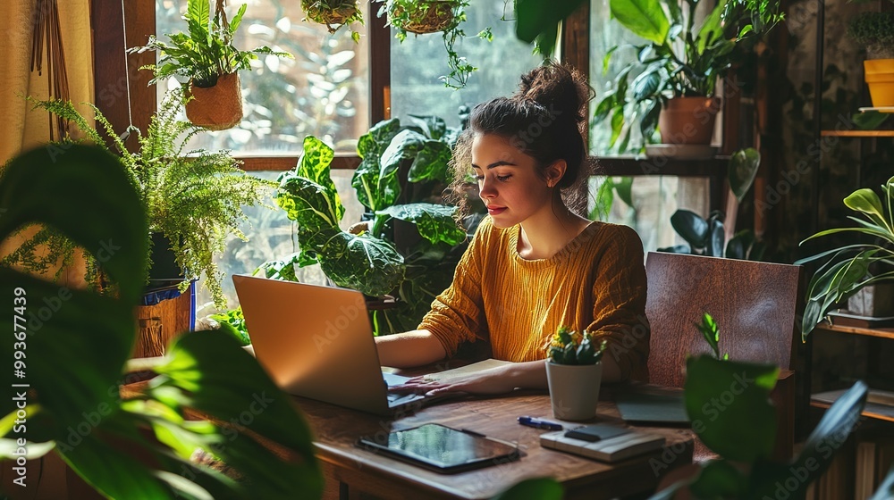 A young woman works on her laptop surrounded by lush green plants in a sunlit, cozy indoor space. A young woman works on her laptop surrounded by lush green plants in a sunlit, cozy indoor space.