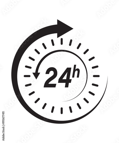 24h Icon. 24h Flat Vector Illustration In Black On White Background. 24h Vector & Silhouette.