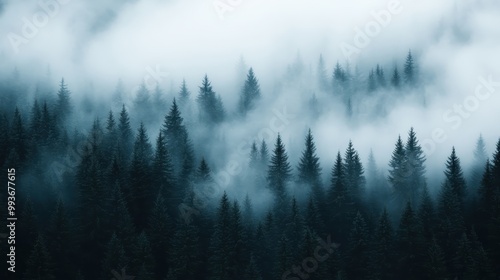 This image showcases a dark forest enshrouded in thick fog, imparting a sense of mystery and intrigue, creating a captivating and eerie atmosphere for viewers.