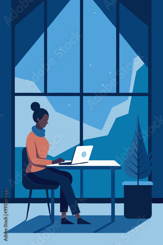 Girl work in the office. Woman in profile sit in d room. Night. Vector Flat Illustration 