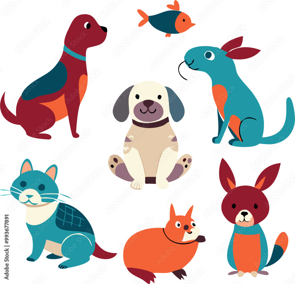 Fototapeta premium cute pet doodle vector set cartoon animals characters design collection with dog, cat, bird, fish,