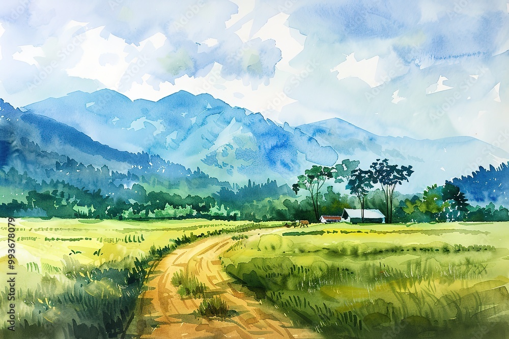 Obraz premium Digital oil paintings rural landscape, the road in old village, landscape with a house and trees, artwork