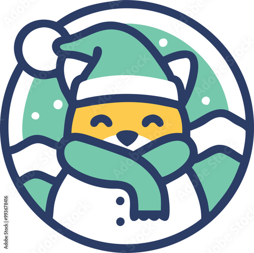 sweet little foxy in winter hat, scarfsnowfall in the background, icon