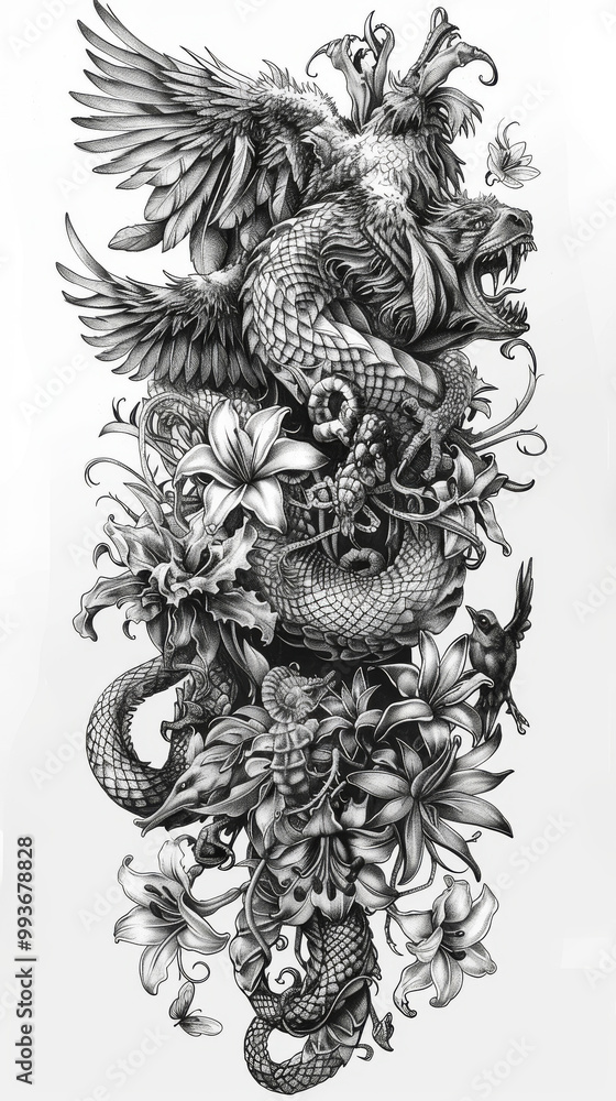 black and white tattoo, sketch, manticore, harpy, gorgon medusa, cherub ...