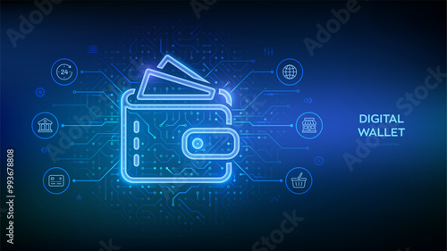 Digital wallet. E-wallet. Online payment by digital wallet. Online banking service application. Mobile banking, money transaction, e-commerce. Circuit board pattern background. Vector illustration.