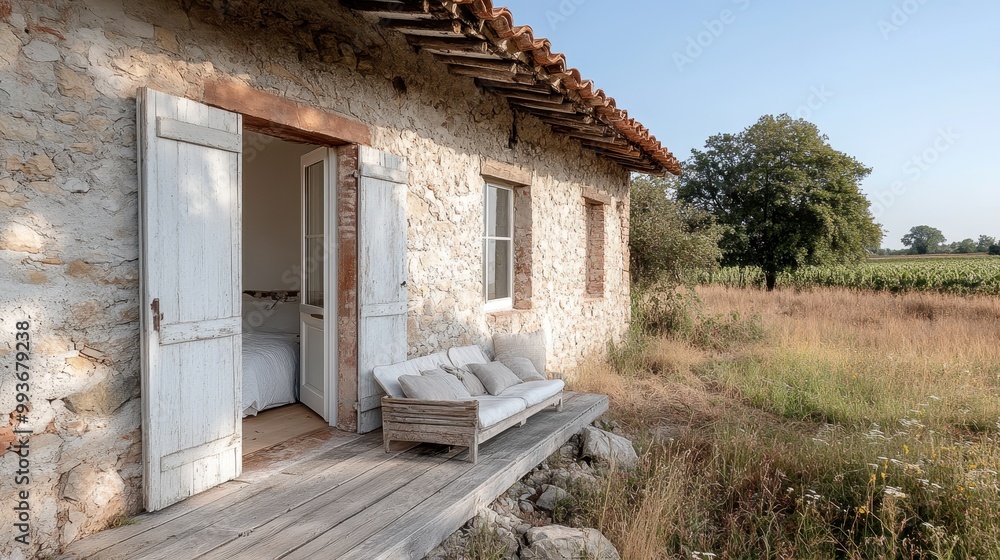 An inviting scene of a rustic country house exterior with wooden shutters, a cozy seating area, and soft sunlight illuminating the adjacent field, showcasing the charm of rural life. An inviting scene of a rustic country house exterior with wooden shutters, a cozy seating area, and soft sunlight illuminating the adjacent field, showcasing the charm of rural life.