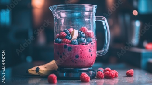 A blender with a pink smoothie and berries, including blueberries, raspberries, and banana.