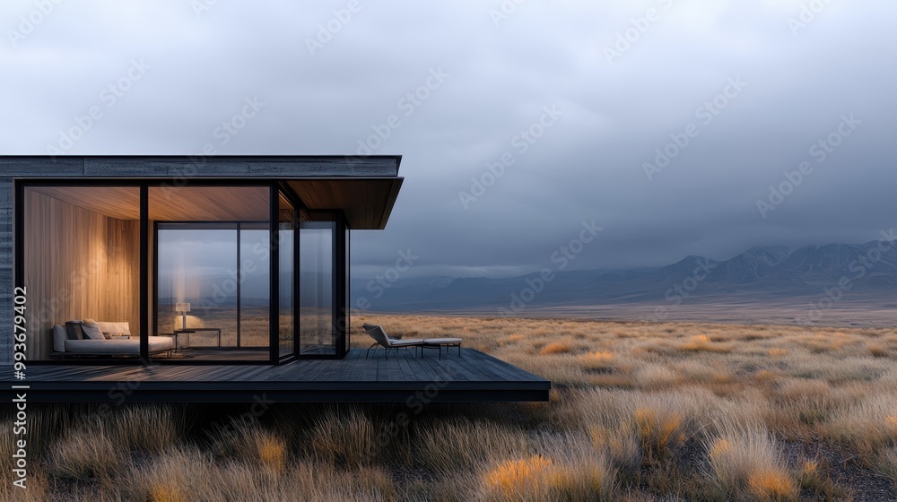 A sleek, modern house with warm interior lighting stands on an expansive field at dusk, showcasing minimalist architecture against a dramatic mountainous backdrop. A sleek, modern house with warm interior lighting stands on an expansive field at dusk, showcasing minimalist architecture against a dramatic mountainous backdrop.