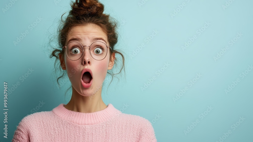 A young woman with a surprised expression stands against a teal background, wearing glasses and a fluffy pink sweater, capturing a spontaneous moment of amusement. A young woman with a surprised expression stands against a teal background, wearing glasses and a fluffy pink sweater, capturing a spontaneous moment of amusement.